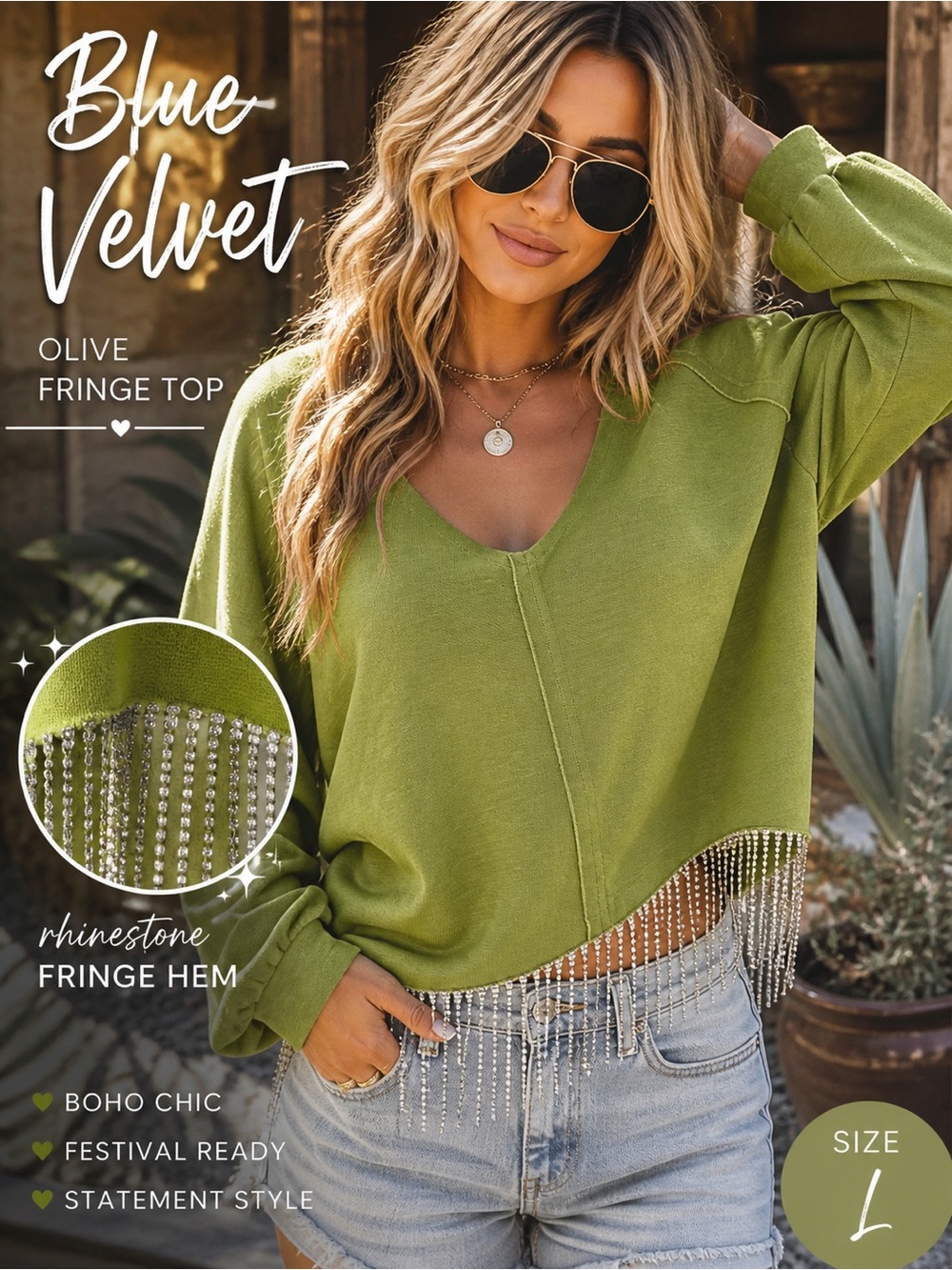 Blue Velvet Olive Rhinestone Fringe Top Boho Festival L NWT - Picture 1 of 12